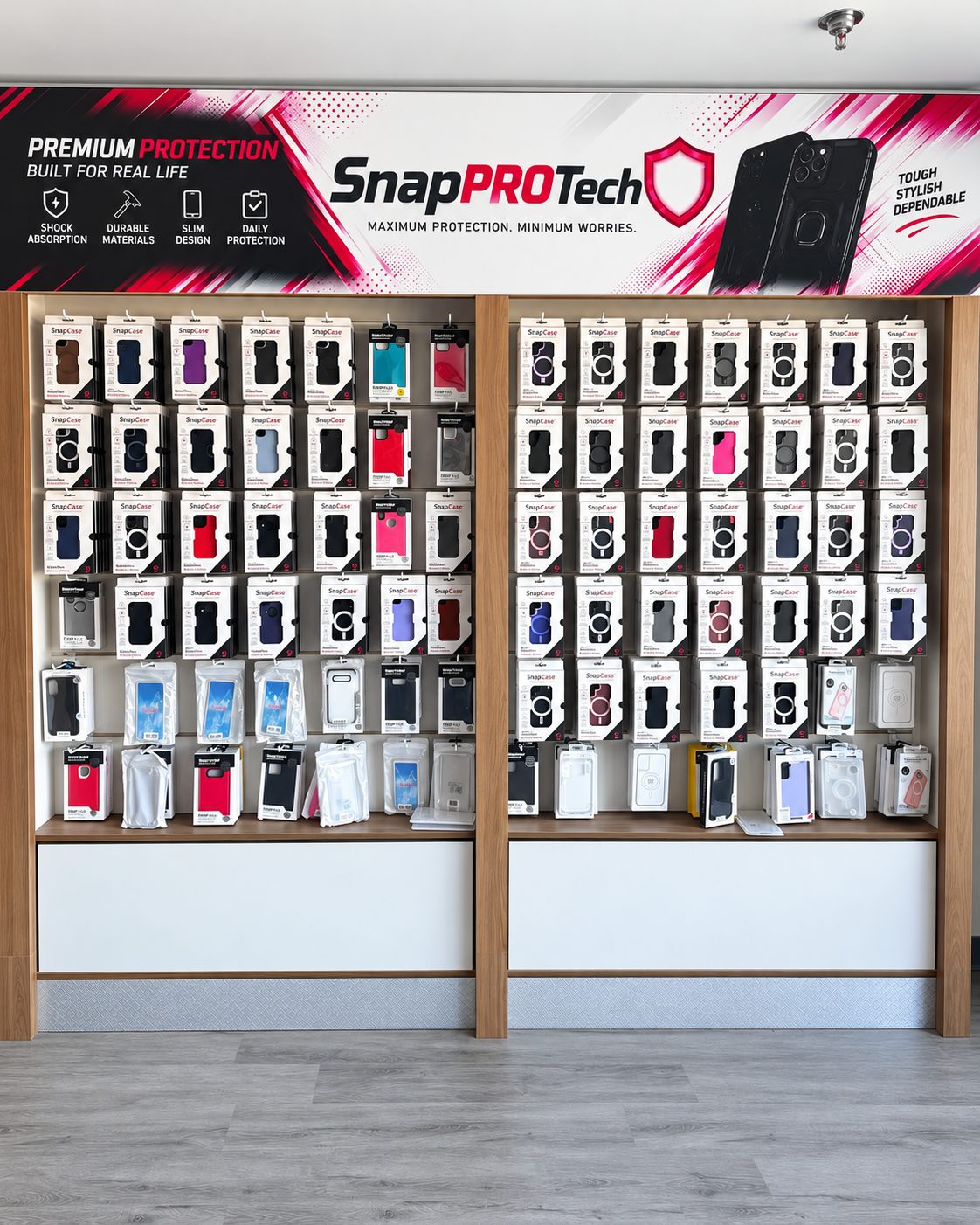 SnapPROTech protective case and accessory wall at SnapFix Paramus