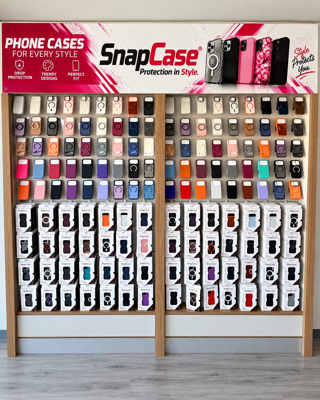 SnapCase phone case wall at SnapFix Paramus